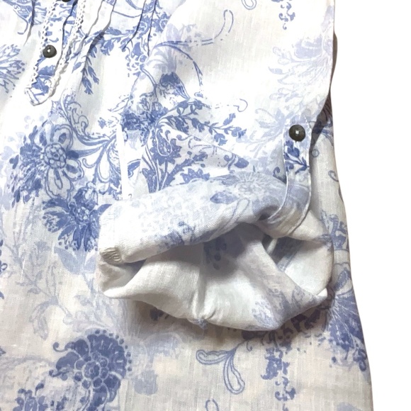 MARKS & SPENCER 100% Linen with Love White Blue 3/4 Roll Tab Sleeve Top Sz S - Picture 8 of 9
